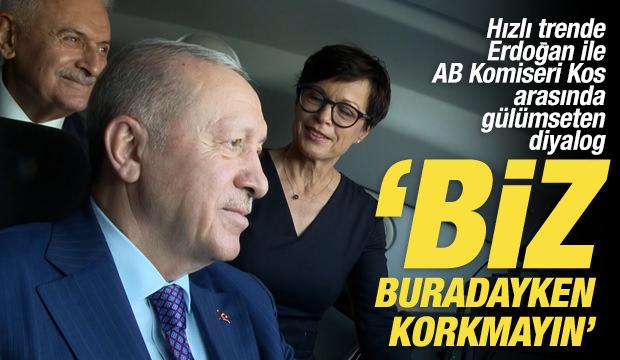 Hızlı trende Erdoğan&rsquo;la AB Komiseri arasında g&uuml;l&uuml;mseten diyalog: Biz buradayken korkmayın