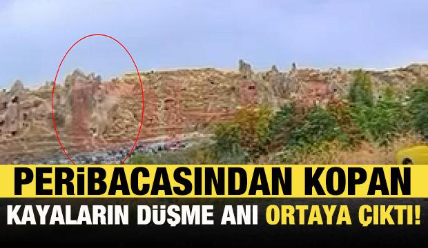 Kapadokya'da peribacasından kopan kayaların d&uuml;şme anına ait g&ouml;r&uuml;nt&uuml;ler ortaya &ccedil;ıktı