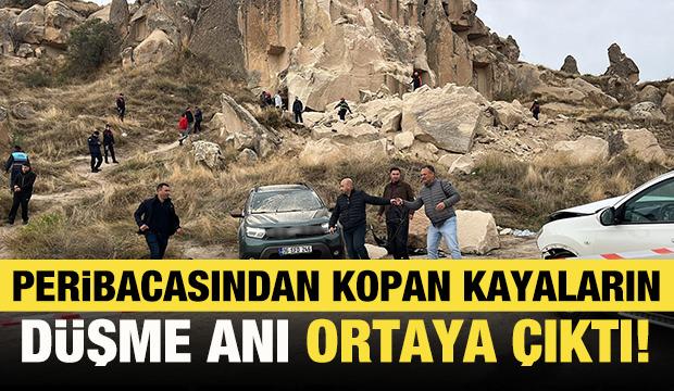 Kapadokya'da peribacasından kopan kayaların d&uuml;şme anına ait g&ouml;r&uuml;nt&uuml;ler ortaya &ccedil;ıktı