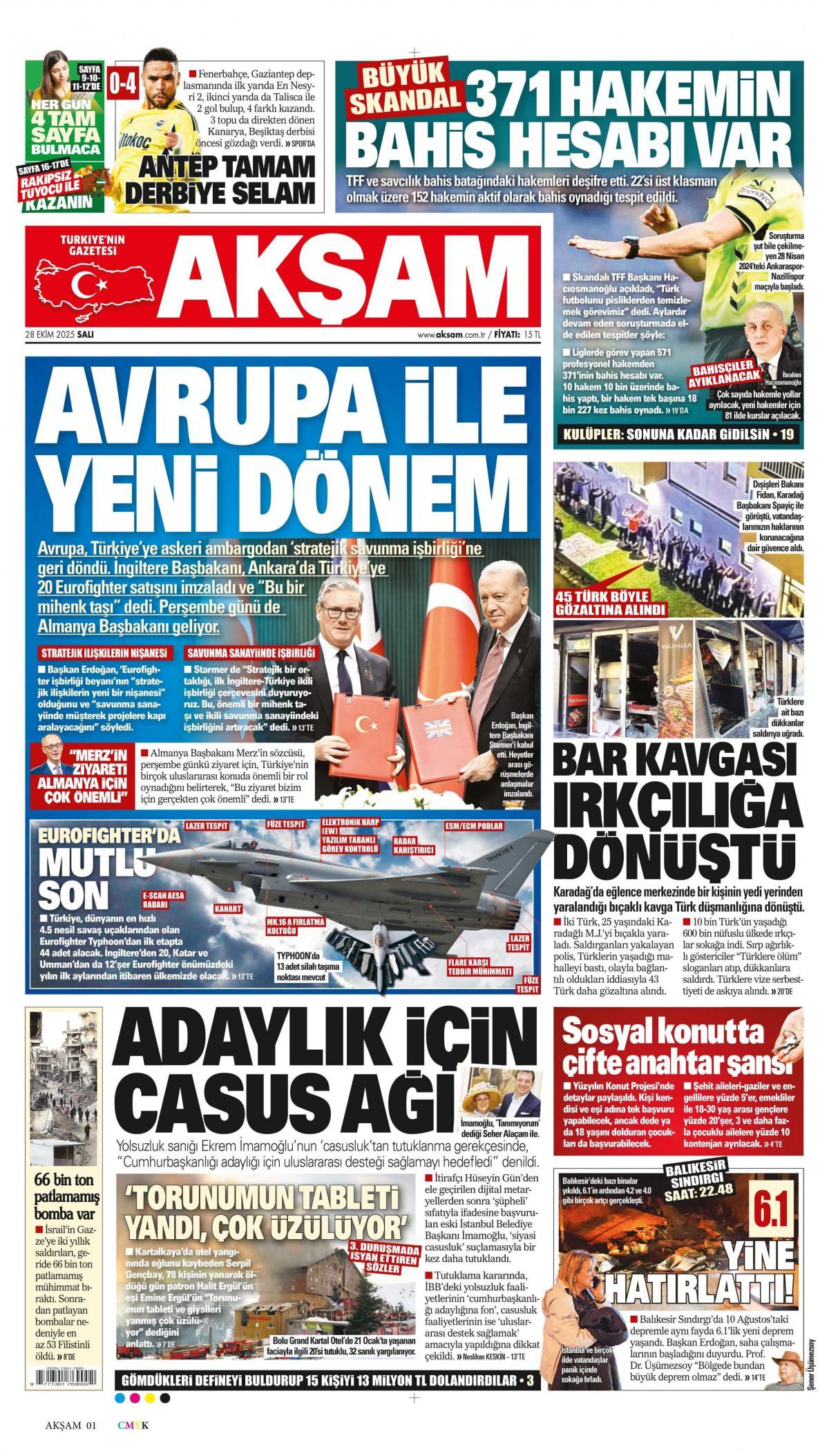 Akşam Gazetesi İlk Sayfası