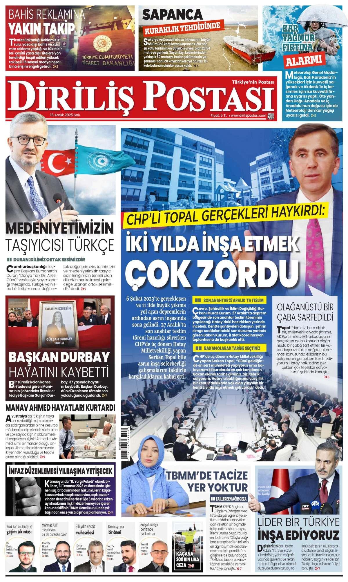 Diriliş Postası Gazetesi İlk Sayfası