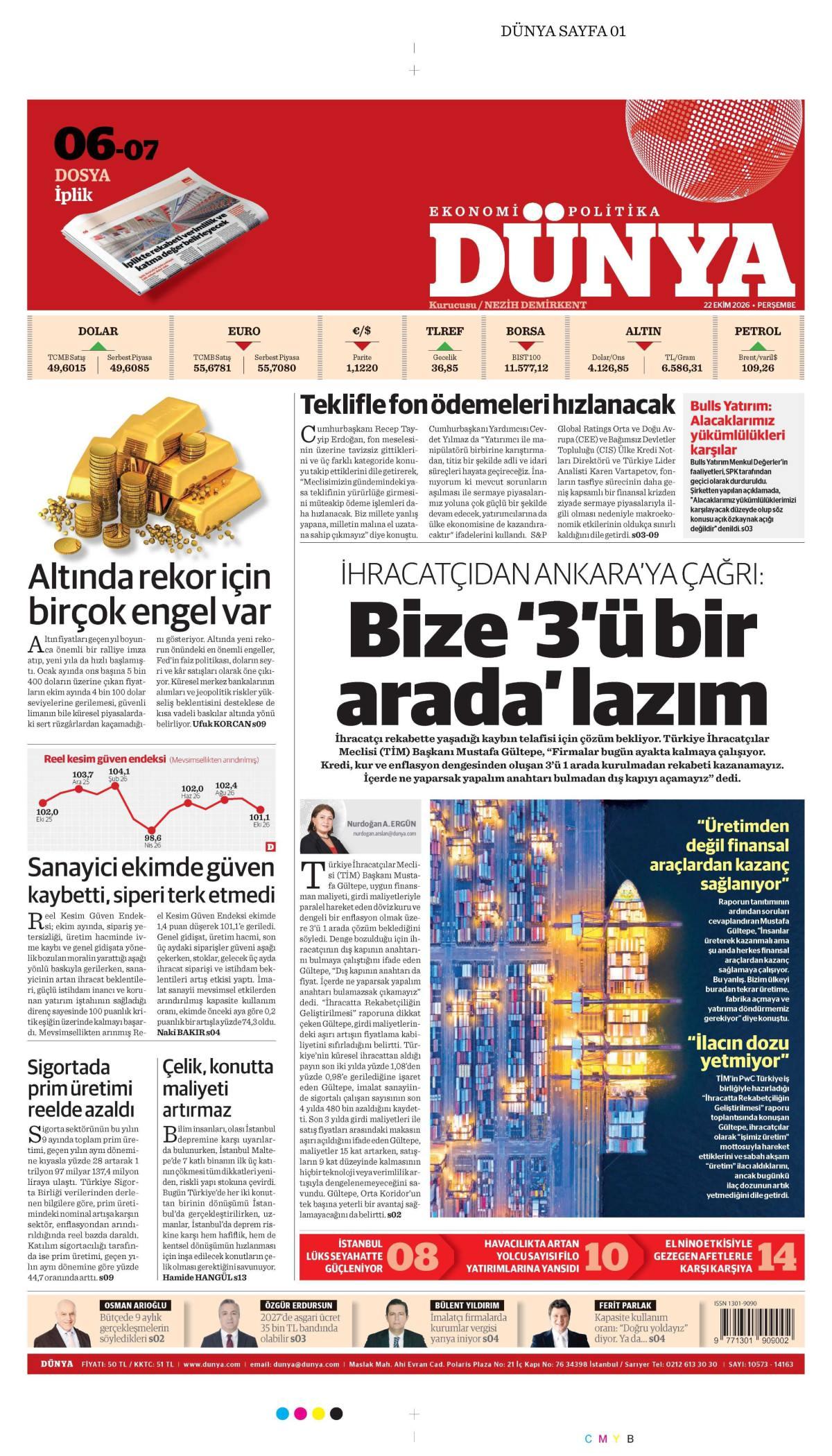 Dünya Gazetesi Gazetesi İlk Sayfası
