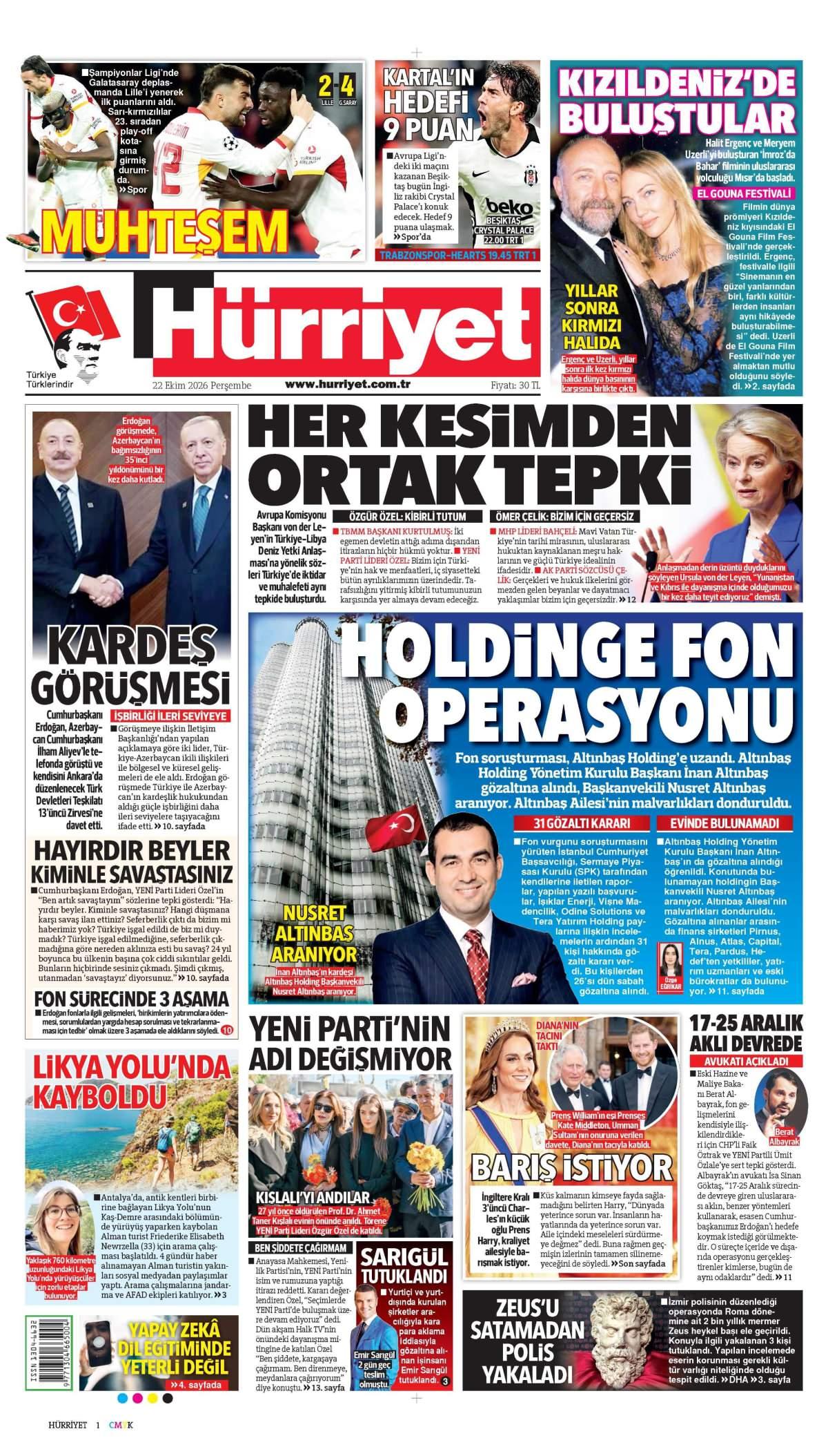 Hürriyet Gazetesi Gazetesi İlk Sayfası
