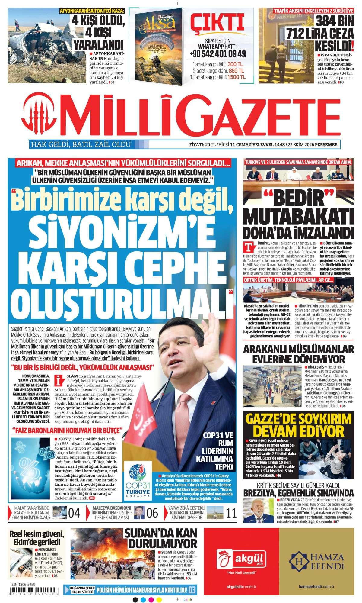Milli Gazete Gazetesi İlk Sayfası