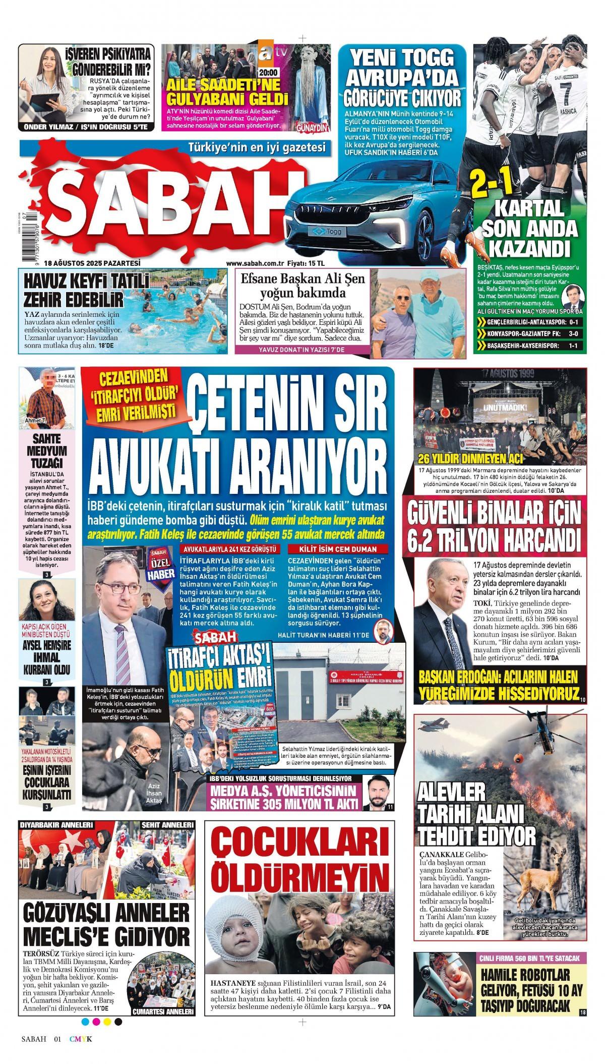 Sabah Gazetesi İlk Sayfası