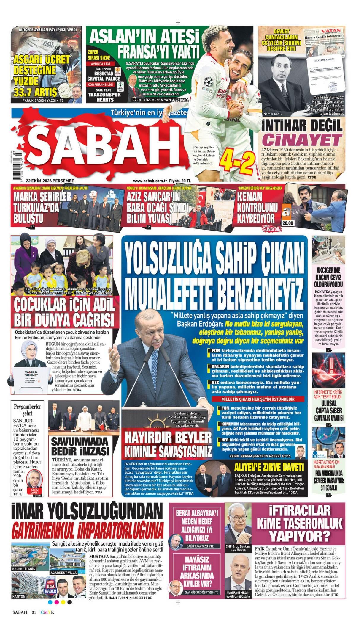 Sabah Gazetesi Gazetesi İlk Sayfası