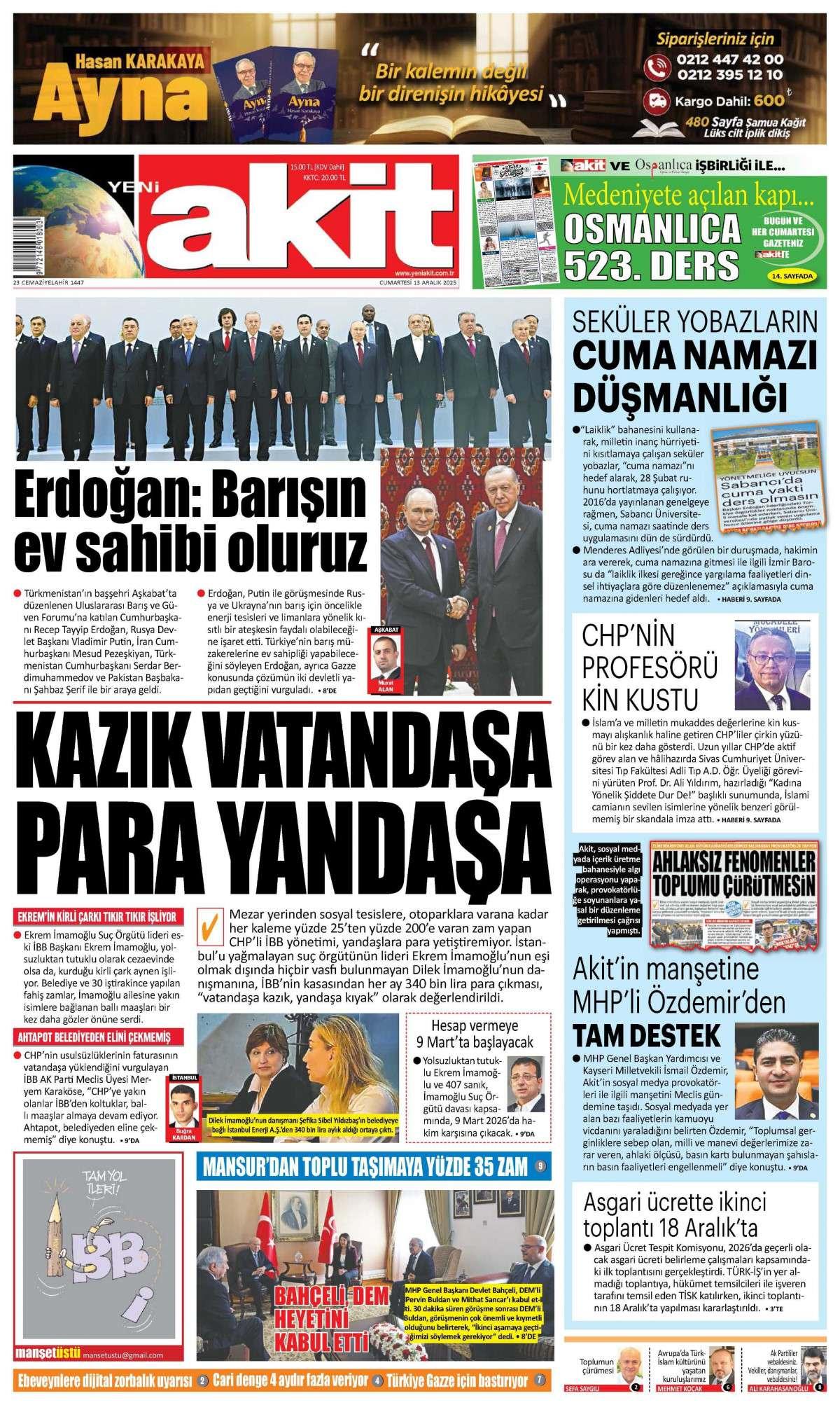 Yeni Akit Gazetesi İlk Sayfası