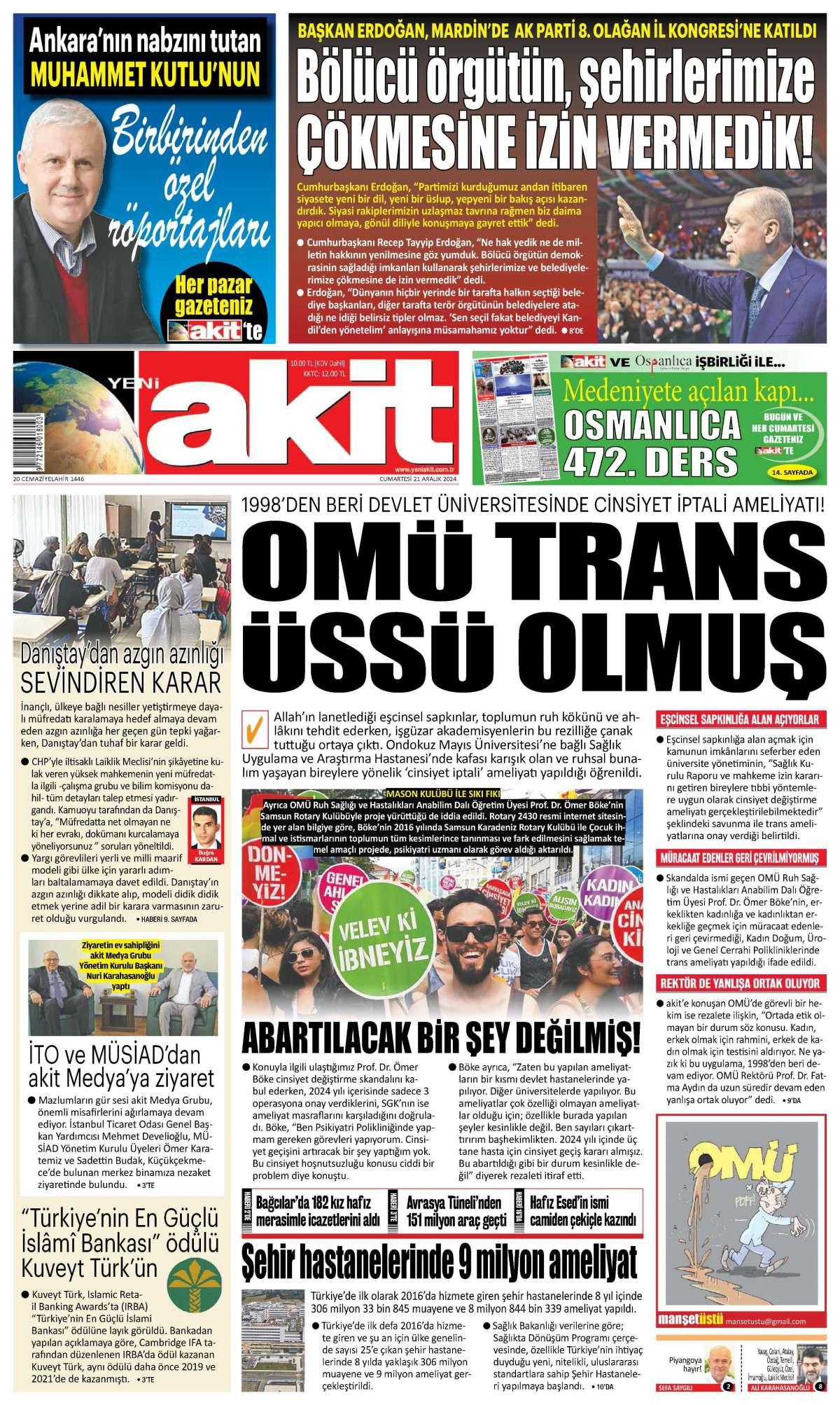 Yeni Akit Gazetesi İlk Sayfası