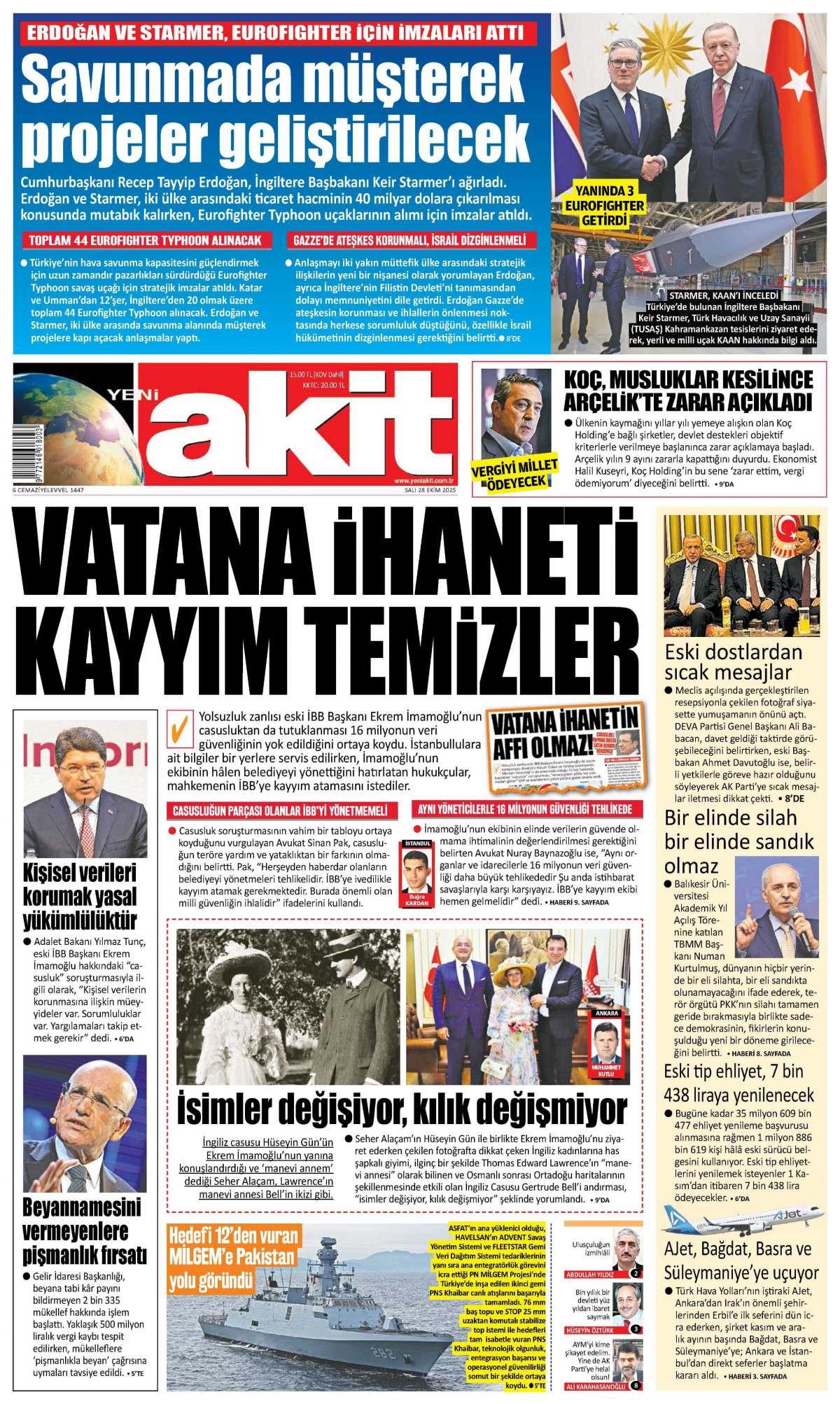 Yeni Akit Gazetesi İlk Sayfası