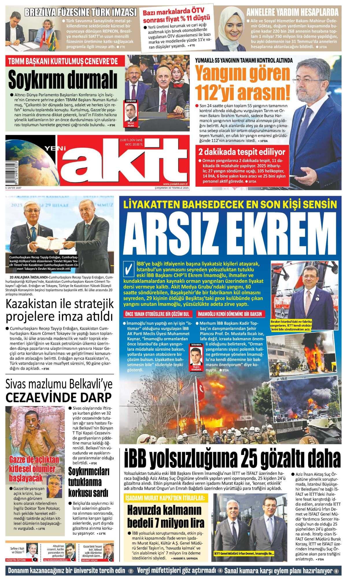 Yeni Akit Gazetesi İlk Sayfası