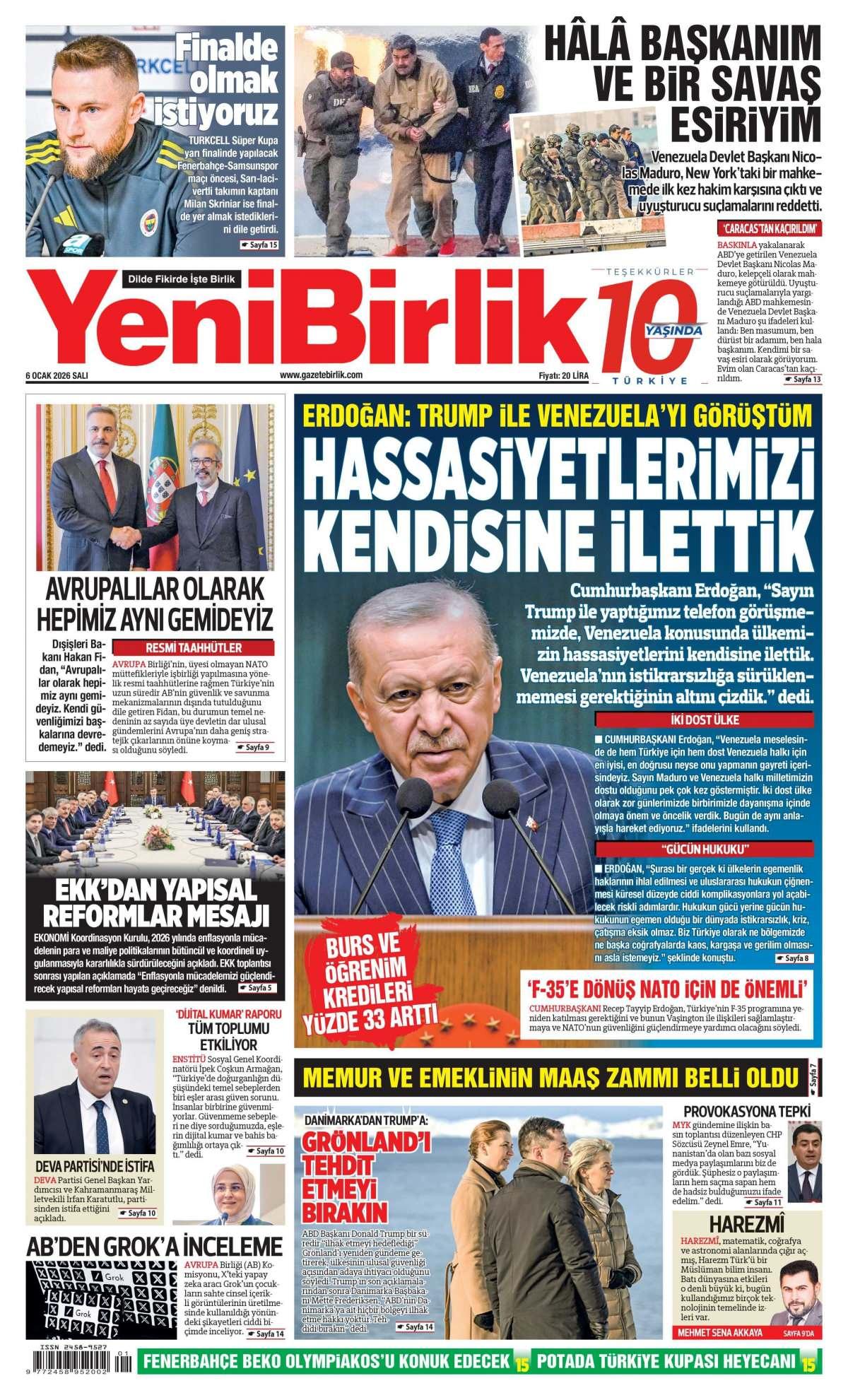 Yeni Birlik Gazetesi İlk Sayfası