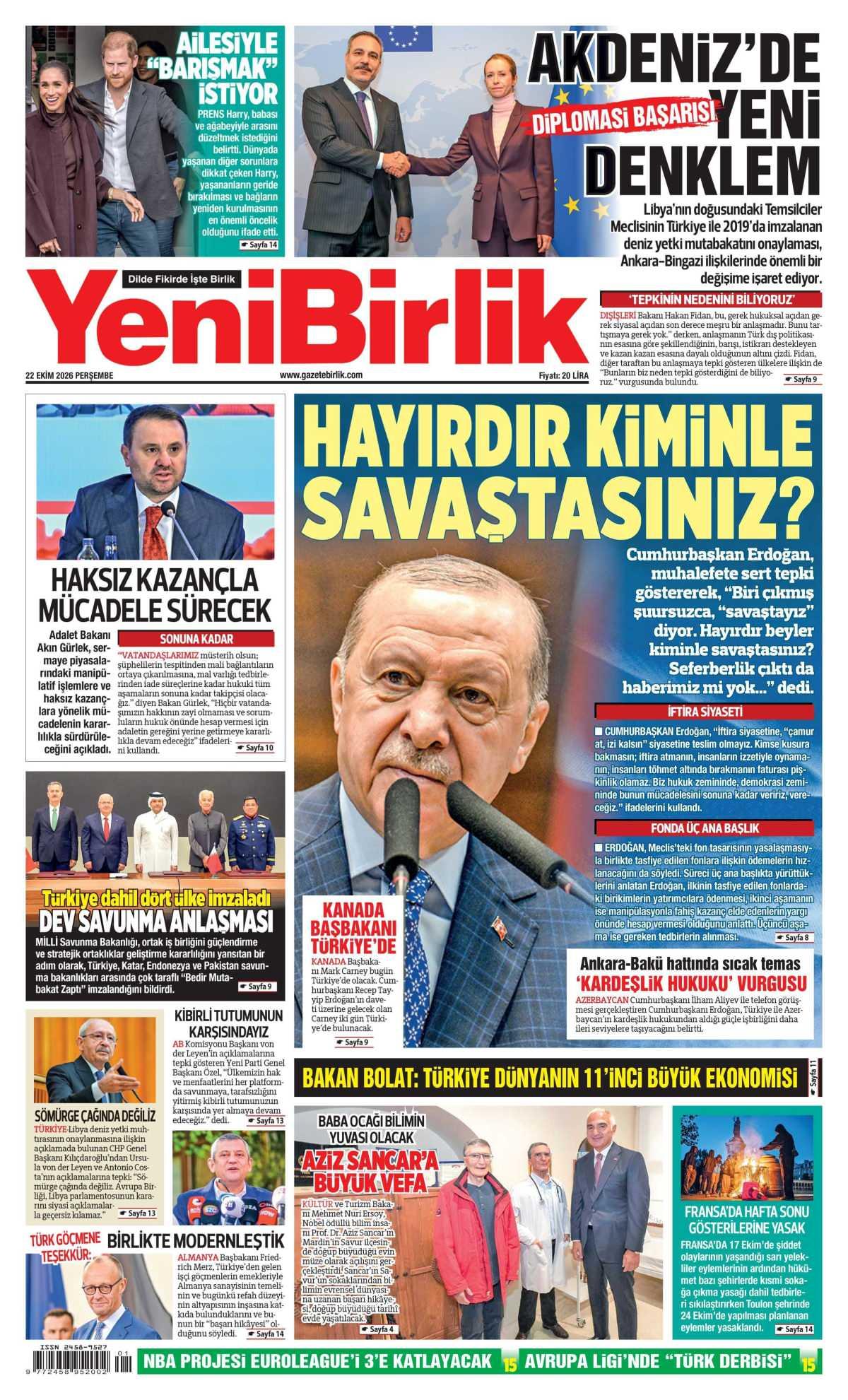 Yeni Birlik Gazetesi Gazetesi İlk Sayfası