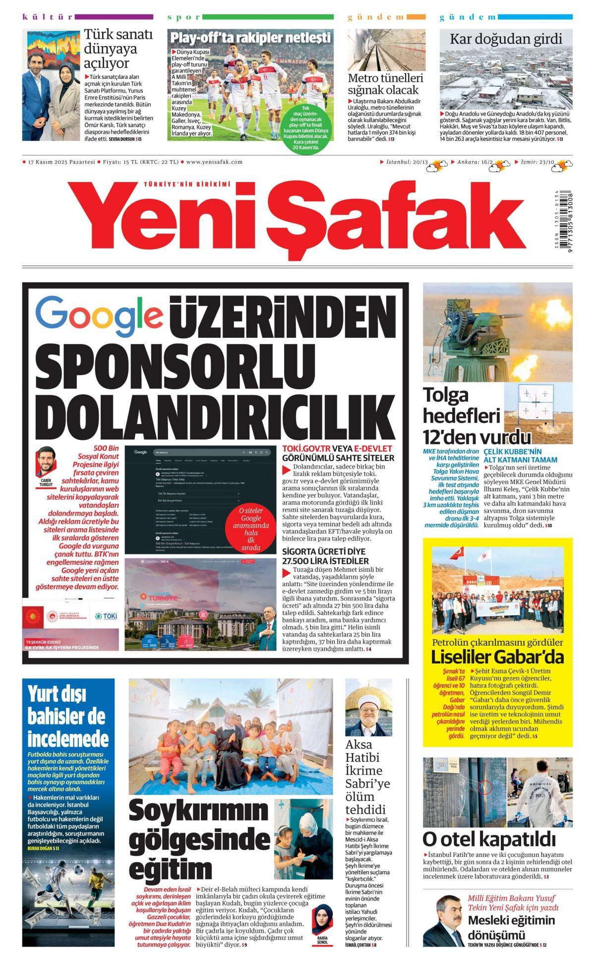 Yeni Şafak Gazetesi İlk Sayfası
