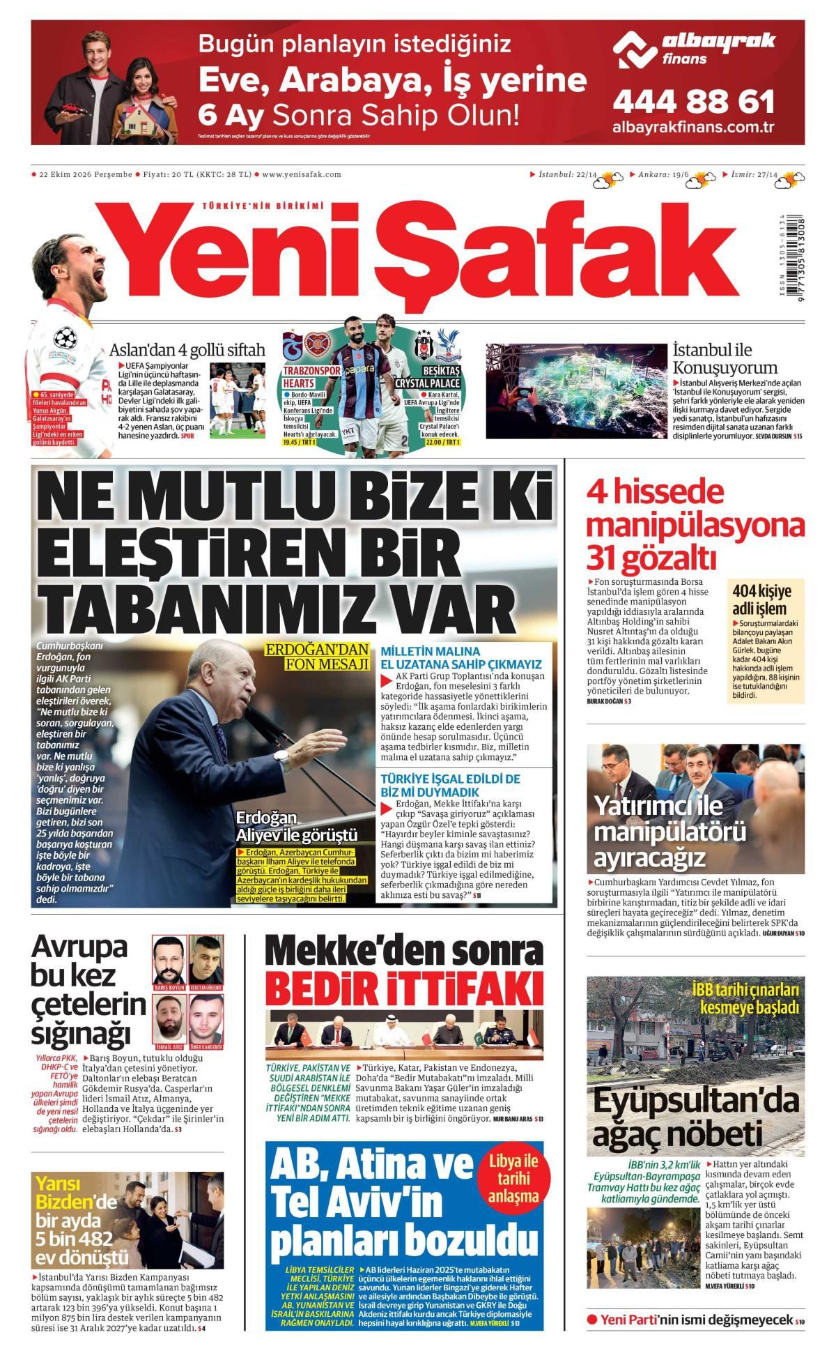 Yeni Şafak Gazetesi Gazetesi İlk Sayfası