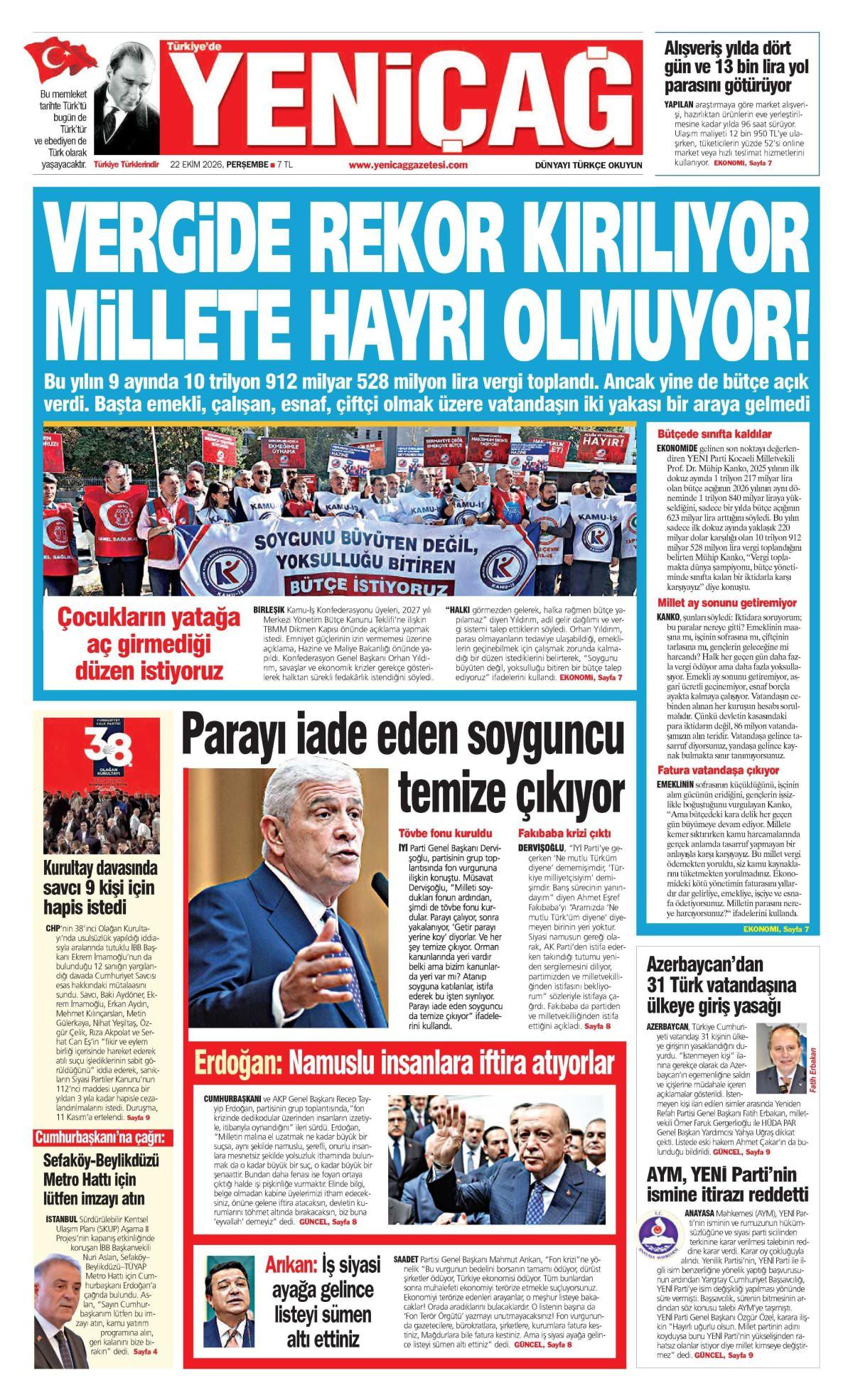 Yeni Çağ Gazetesi Gazetesi İlk Sayfası