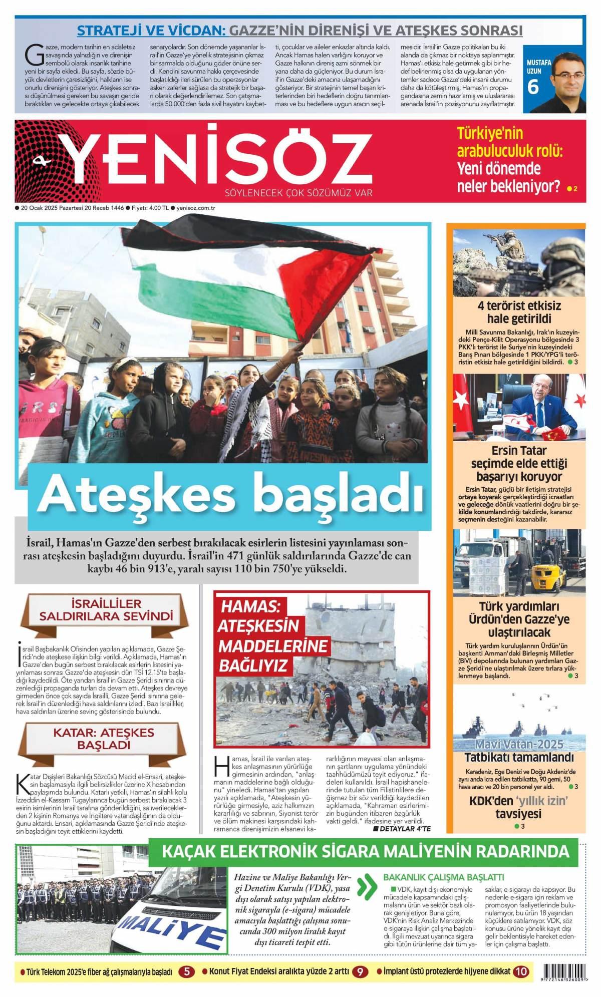 Yeni Söz Gazetesi İlk Sayfası