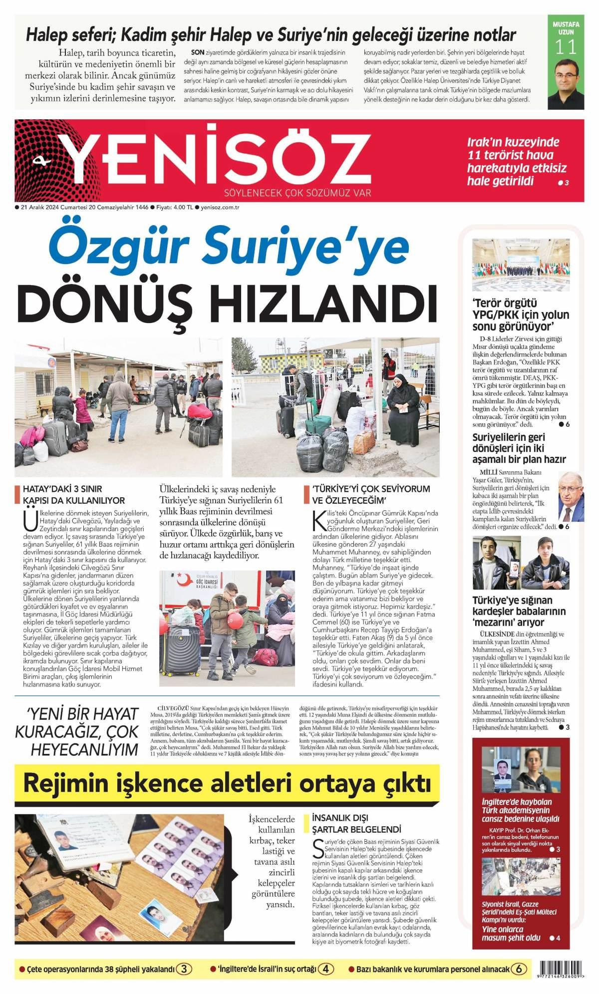 Yeni Söz Gazetesi İlk Sayfası